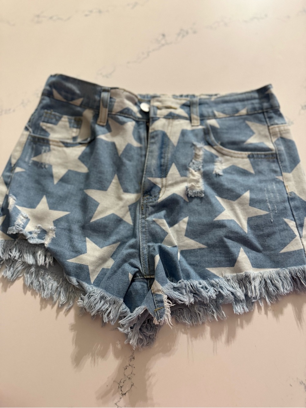 SHEIN Star Print Distressed Denim Shorts - Blue